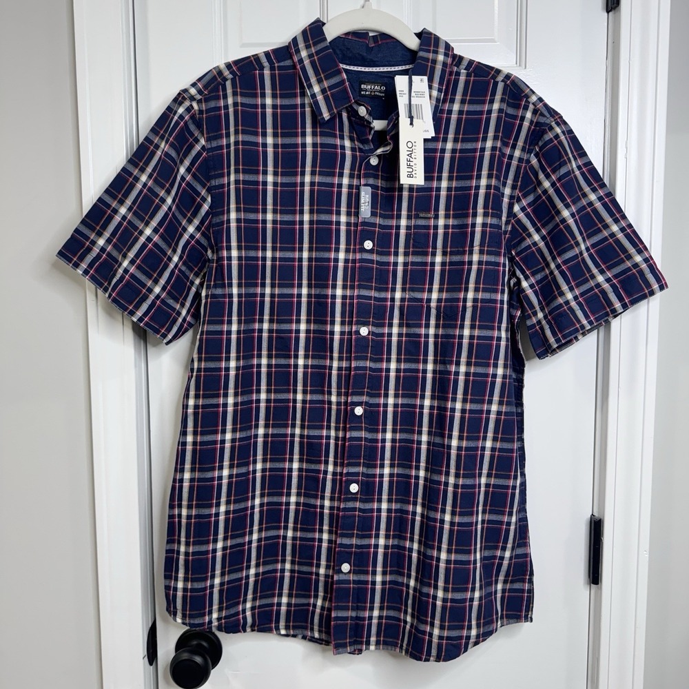 NWT Buffalo David Bitton Slim Fit Plaid Shirt Mens Large Blue Short Sleeve